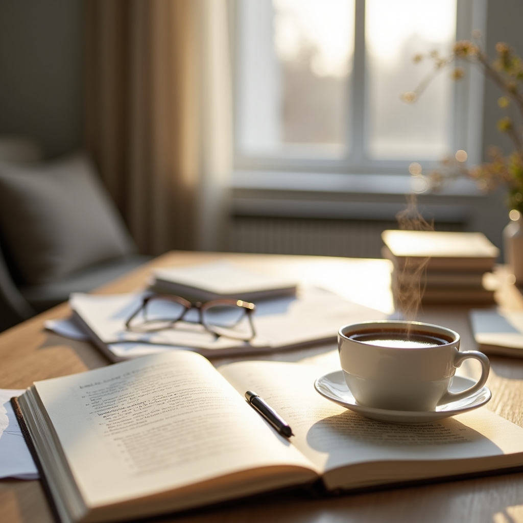 Birou luminos cu materiale de cercetare, notițe și o ceașcă de cafea