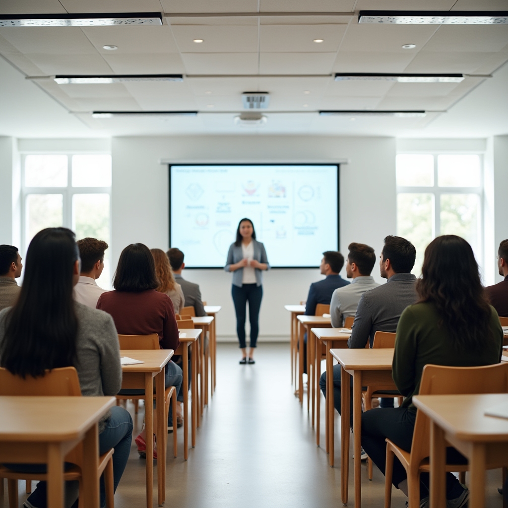Sesiune de curs cu participanți așezați în semicerc, urmărind o prezentare